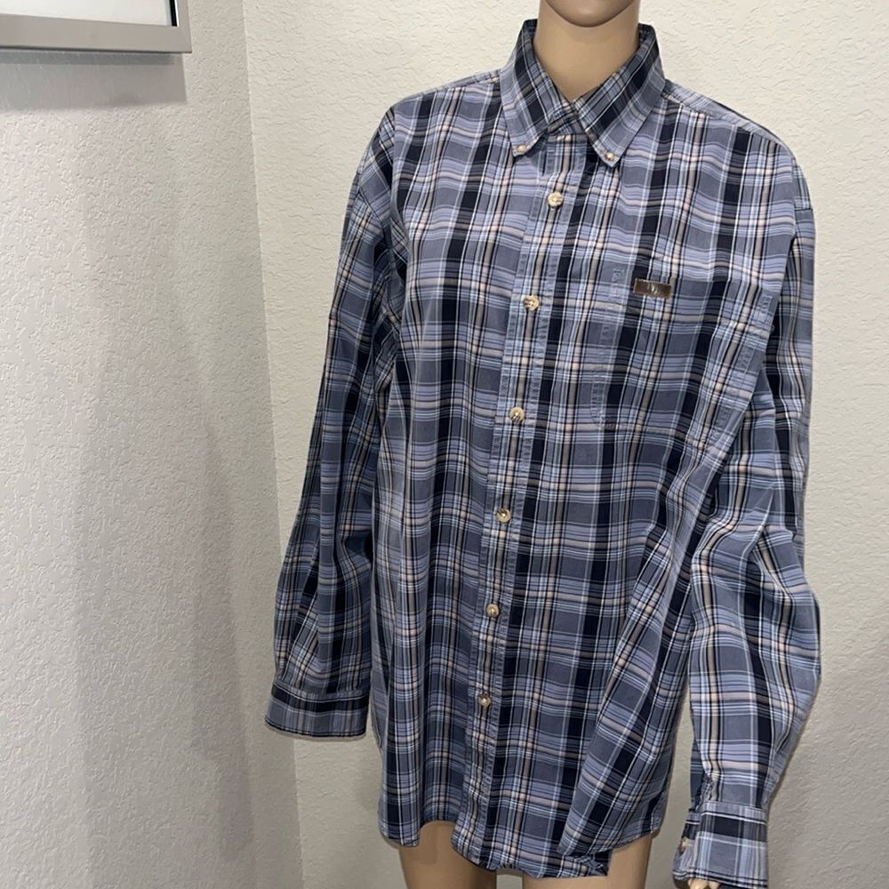 Carhartt blue plaid distressed button down shirt